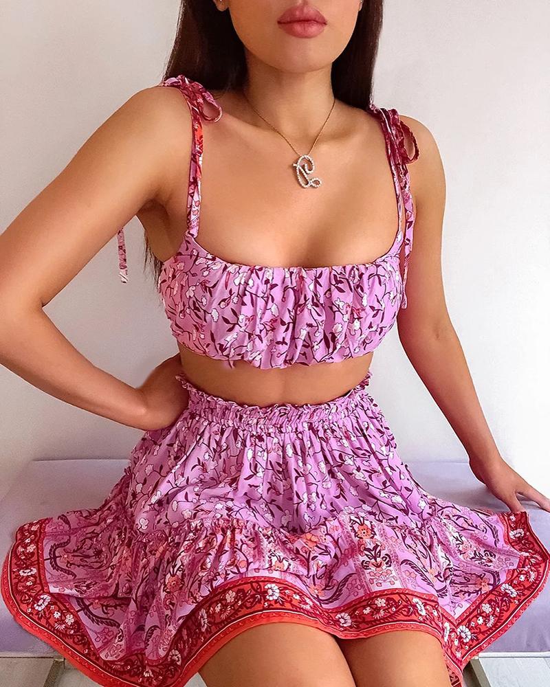 

Tie Strap Ditsy Floral Print Ruched Top & Skirt Set, Red
