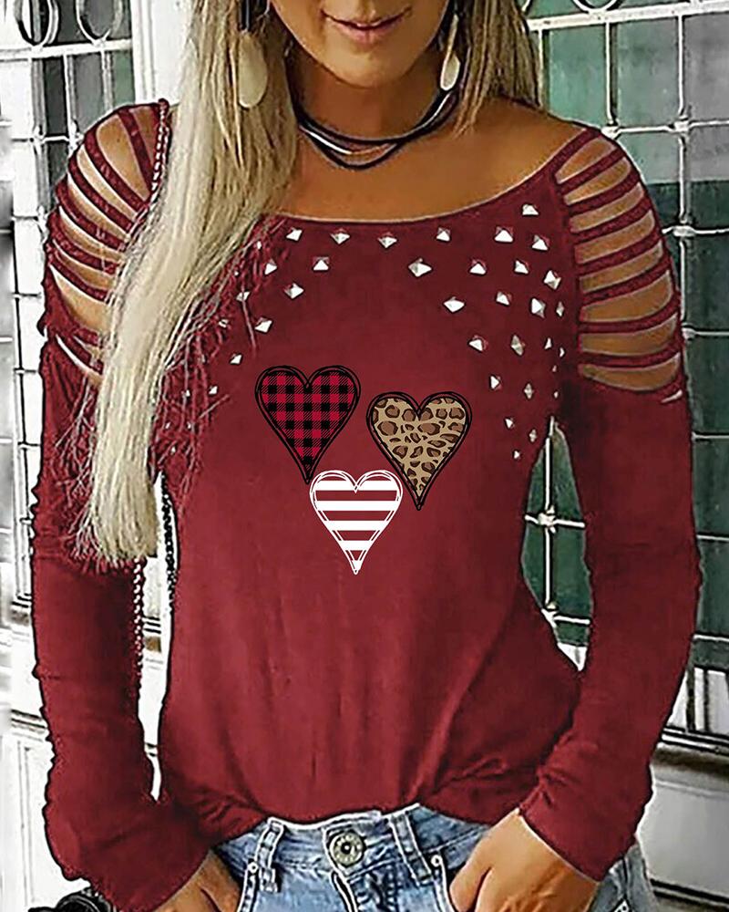 

Long Sleeve Heart Print Cutout Studded Top, Wine red