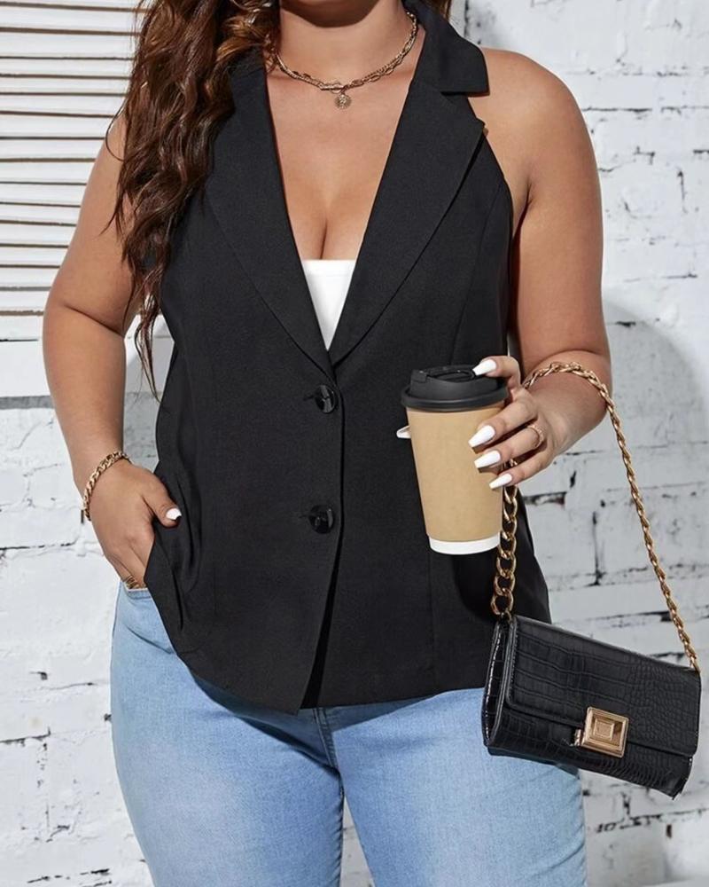 

Plus Size Notched Neck Buttoned Vest Blazer Coat, Black