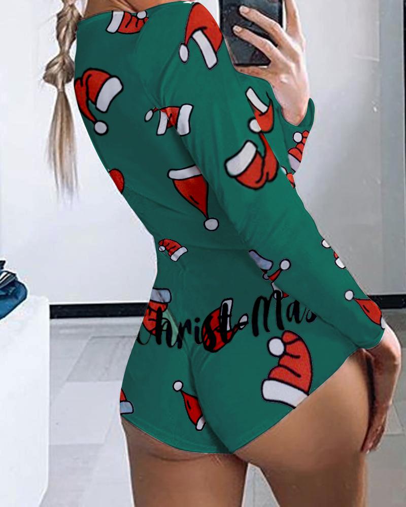 

Christmas Hat Print Short Sleeve Lounge Romper, Green