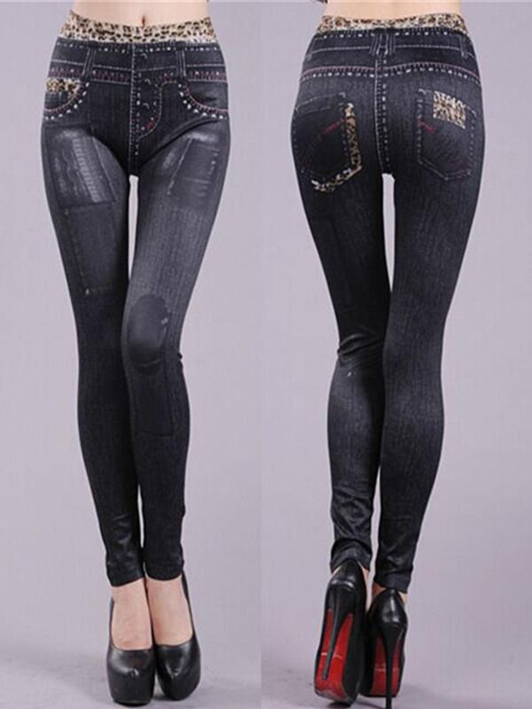 Women's Denim Look Patch Jeans Skinny Leggings Fashion Leopard Stretch ...