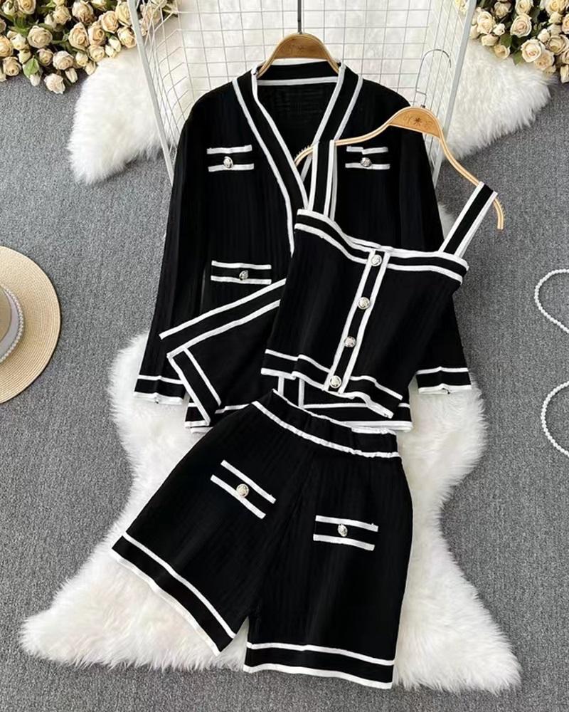 

Contrast Binding Tank Top & Shorts Set With Cardigan, Black