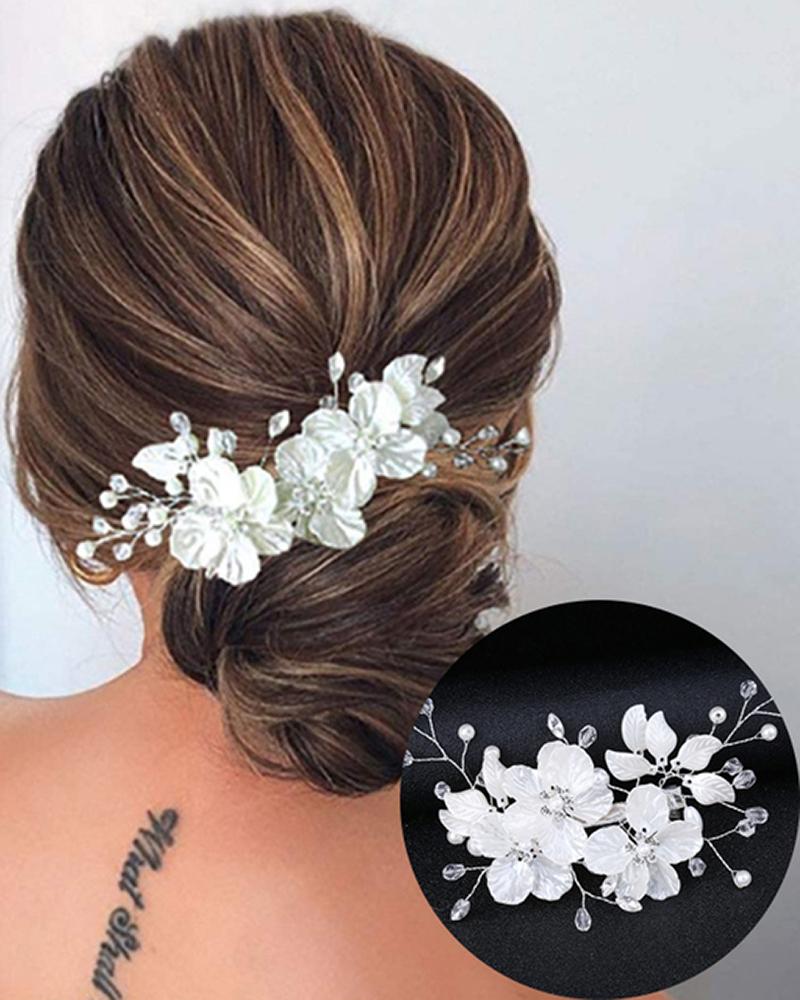 

1pcs Wedding Bridal Pearl Floral Pattern Hair Clips Rhinestone Bridesmaid Hair Accessories, White