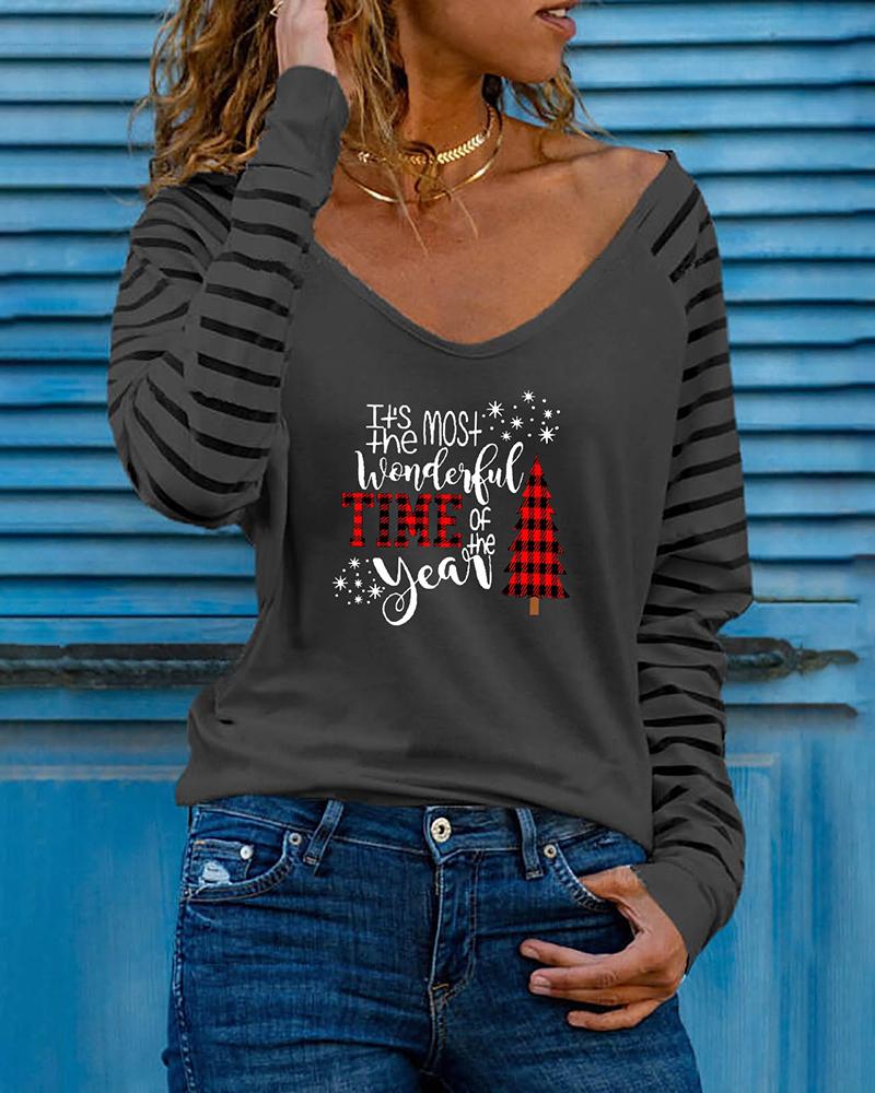 

Christmas Plaid Tree Letter Print Long Sleeve Top, Dark grey