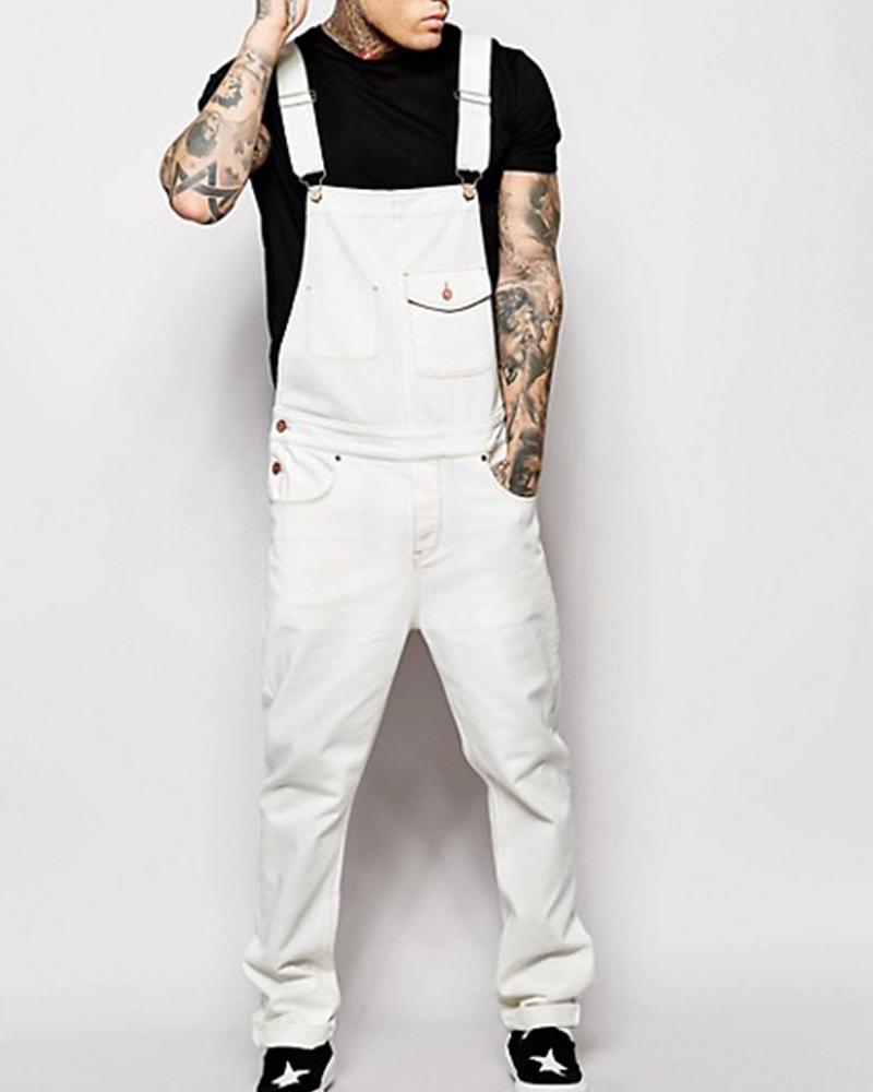 

Solid Loose Denim Jumpsuits, White