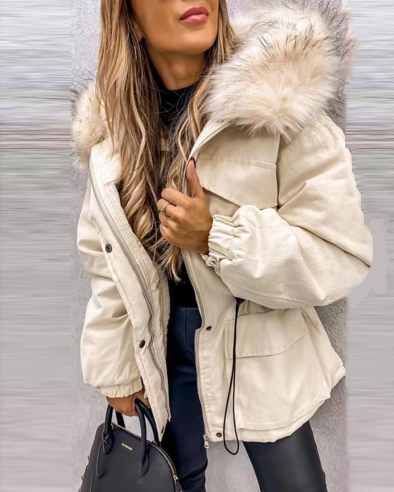 

Lantern Sleeve Faux Fur Patch Drawstring Pocket Design Parker Coat, Apricot