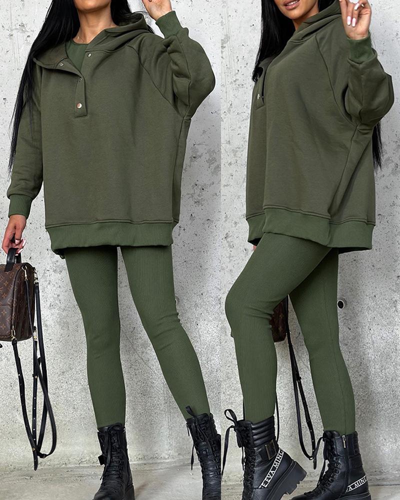 

O-neck Tank Top & Pants Set With Hooded Coat, Green