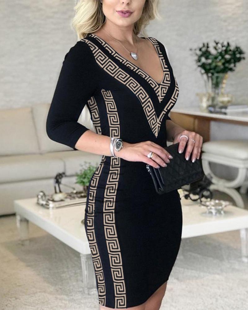 

Geo Tape Patch V-Neck Bodycon Dress, Black