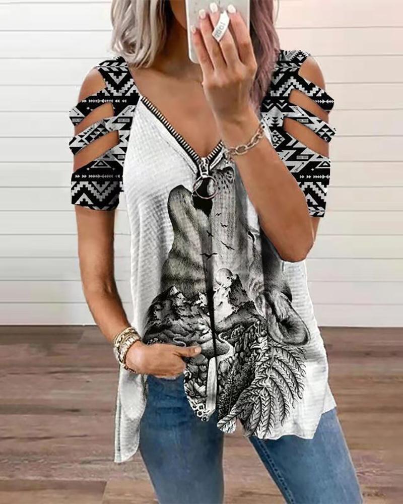 

Floral Graphic Print Short Sleeve Zipper Design Top, White