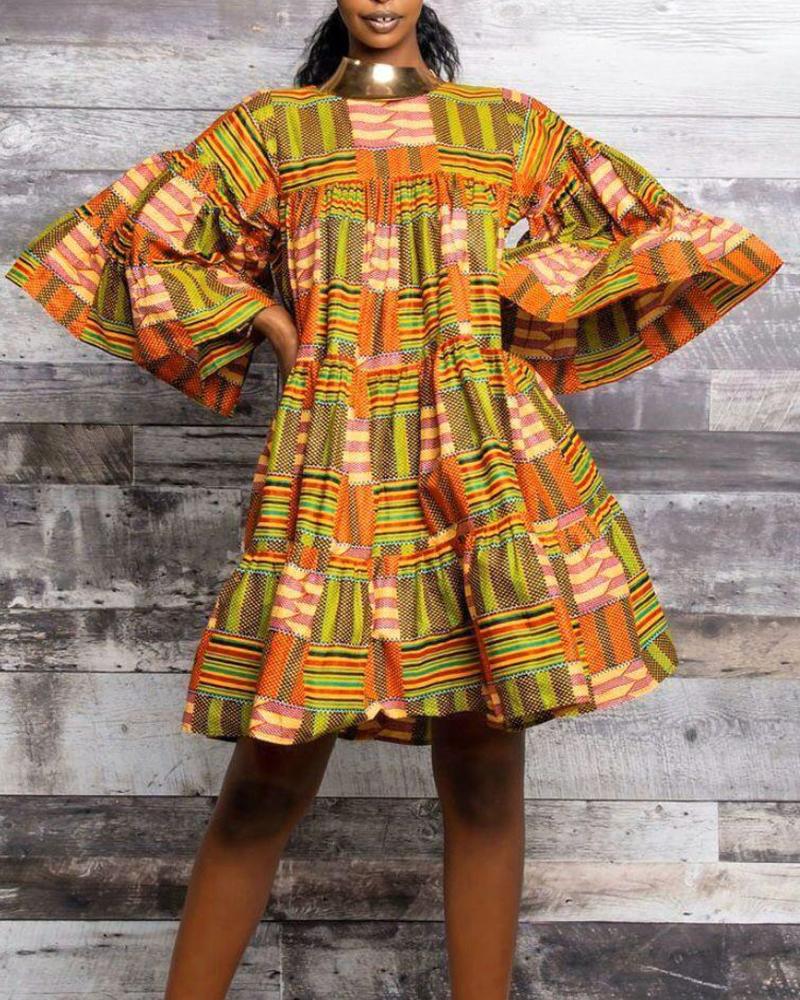 

Floral Printing Bell Seeve A-line Dress, Yellow