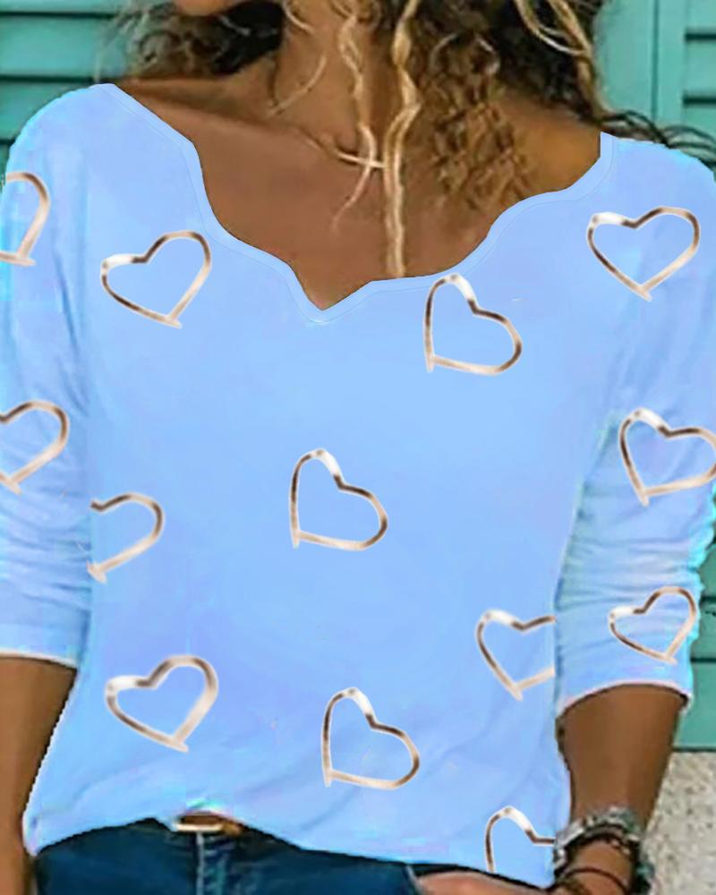 

Heart Print Long Sleeve T-shirt, Lighted blue