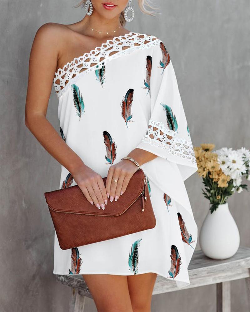 

Feather Print Contrast Lace One Shoulder Casual Dress, White