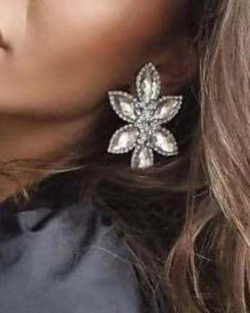 

1Pair Leaf Pattern Studded Rhinestone Earrings, Silver