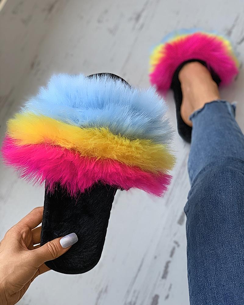 

Colorblock Fluffy Peep Toe Casual Slipper, Yellow