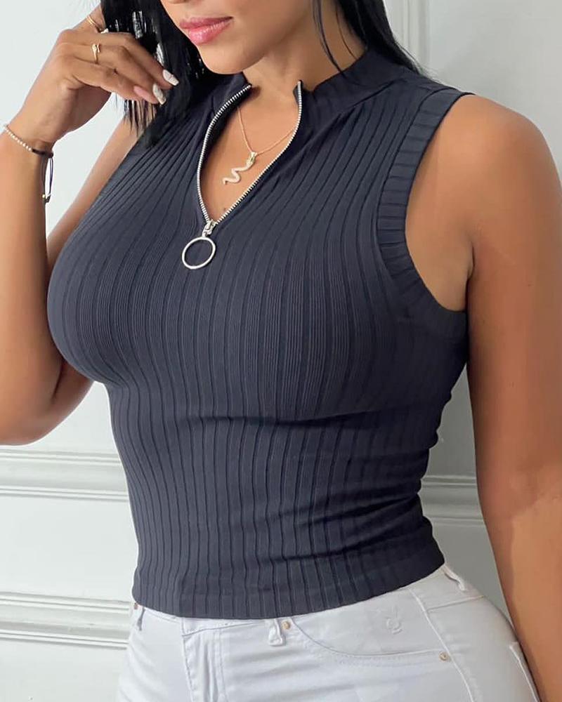 

Zipper Front Stand Collar Ribbed Tank top, Black