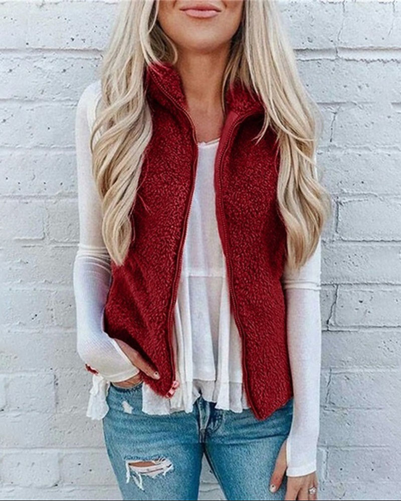 

Pocket Detail Zip Up Teddy Vest Coat, Red
