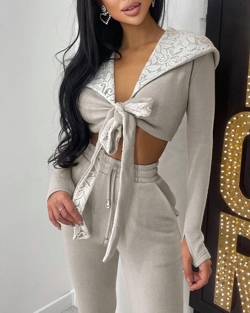 

Contrast Lace Tie Front Crop Top & Sweatpants Sets, Light gray