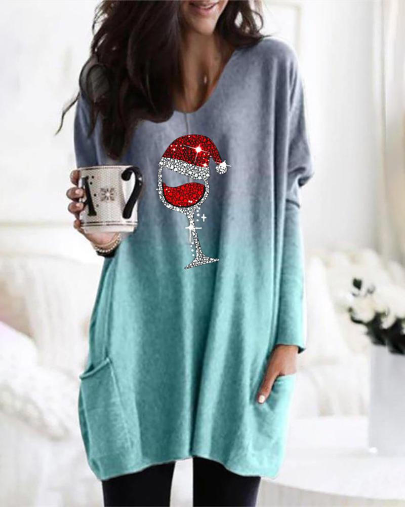 

Gigot Sleeve Wine Glasses Print Ombre Top, Blue