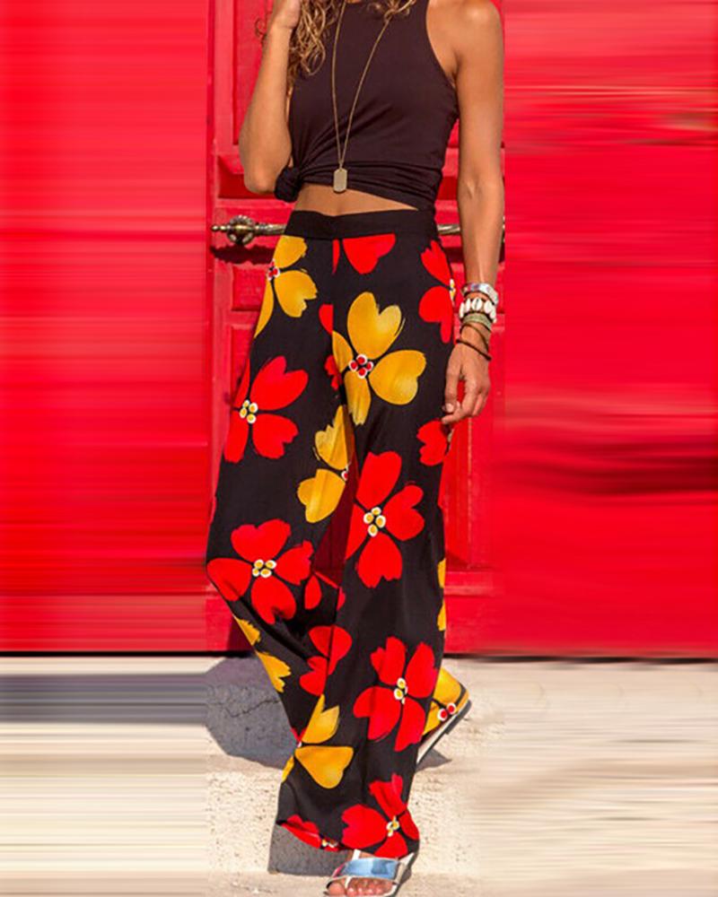 

High Waist Floral Print Casual Pants, Red
