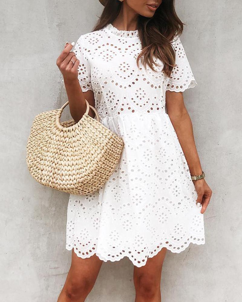 

Eyelet Embroidery Short Sleeve Lace Dress, White