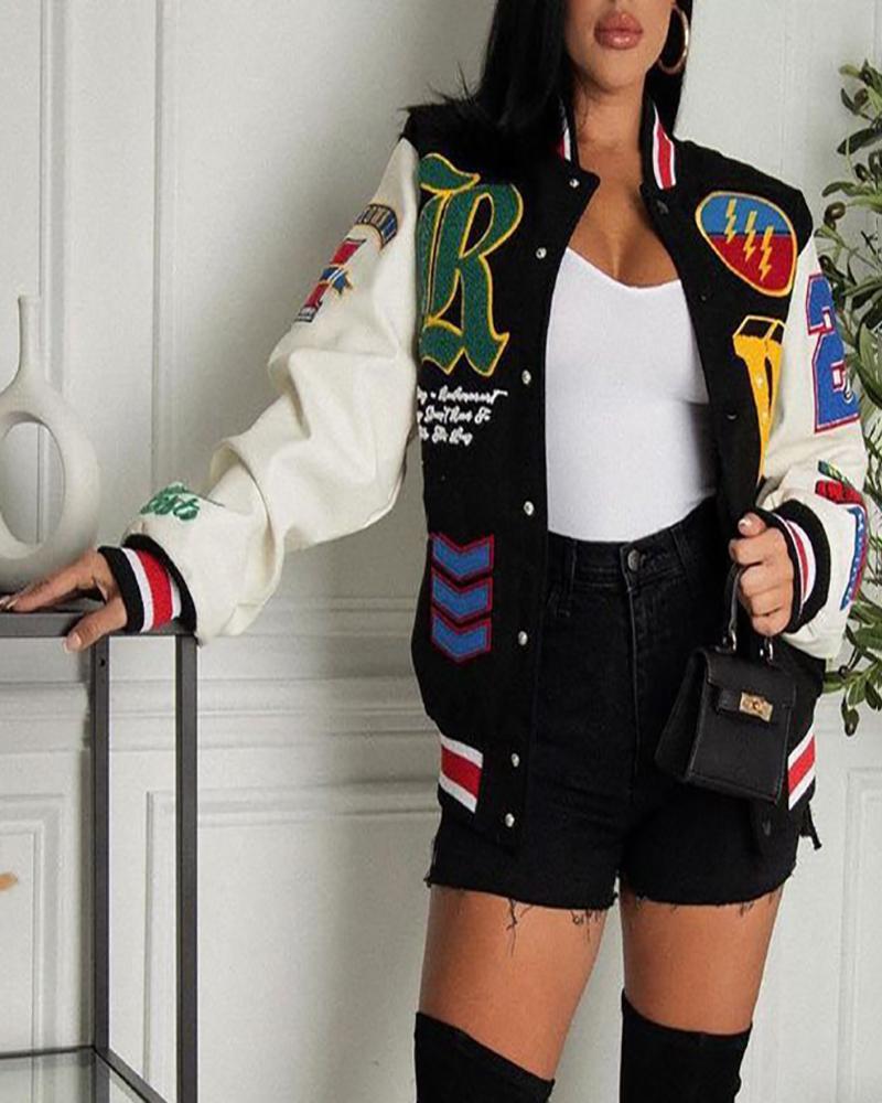 

Letter Pattern Graphic Print Long Sleeve Baseball Jacket, Black