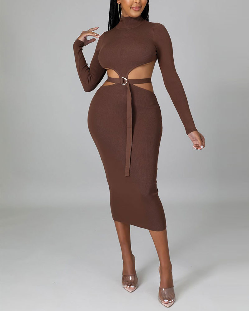 

Ribbed Cutout Long Sleeve Skinny Dress, Coffee