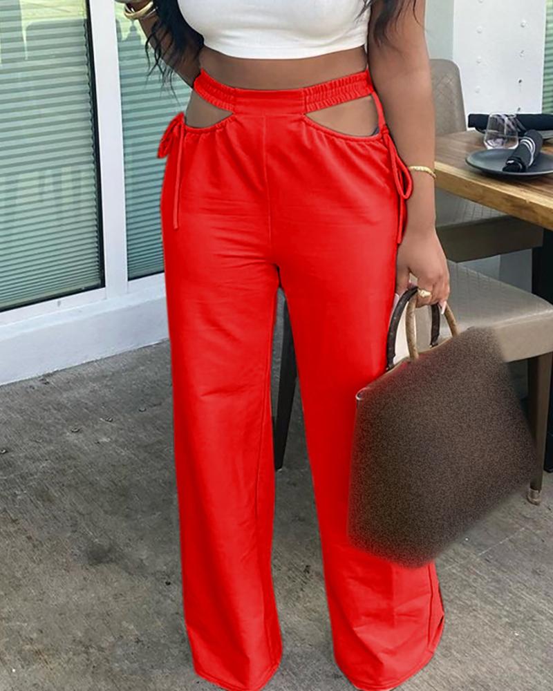 

Cutout Shirring Waist Tied Detail Wide Leg Pants, Red
