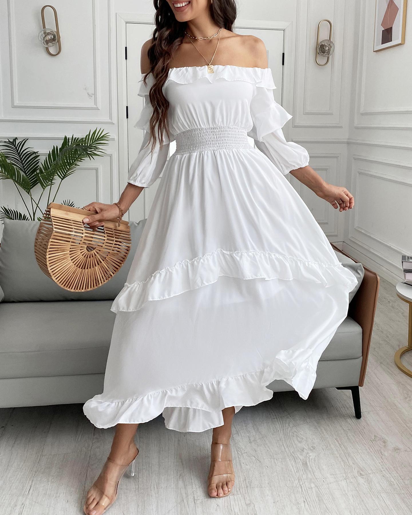 

Off Shoulder Ruffles Shirring Detail Maxi Dress, White