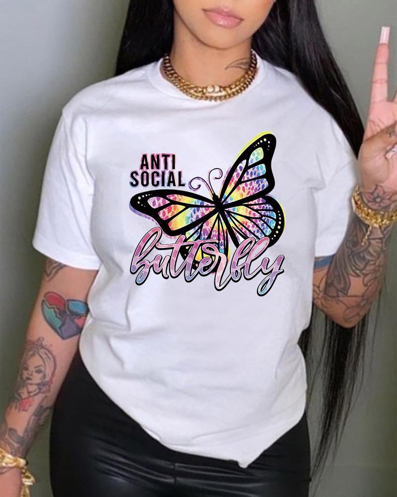 

Butterfly Letter Print Short Sleeve Casual T-shirt, White