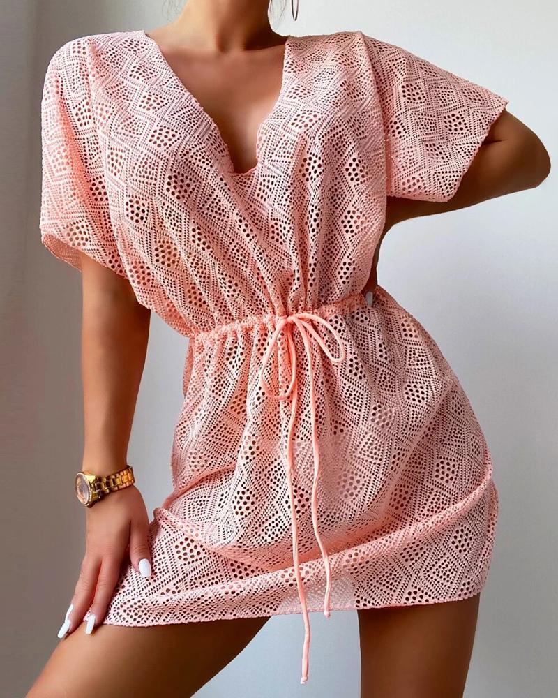 

Drawstring Hollow Out Crochet Cover Up Beach Dress, Pink