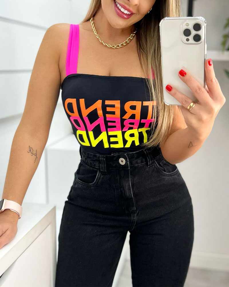 

Letter Print Contrast Paneled Thick Strap Top, Black