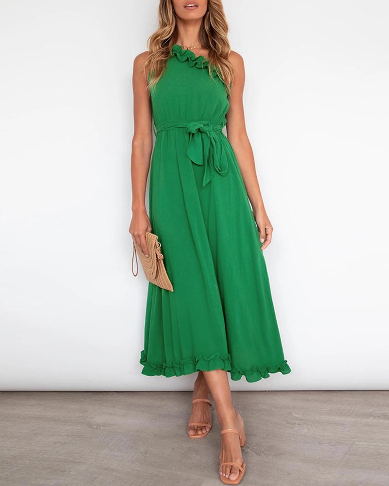 

One Shoulder Frill Hem Ruffles Maxi Dress, Green