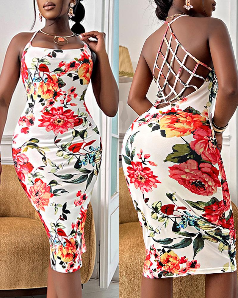 

Floral Print Fishnet Backless Midi Dress, Multicolor
