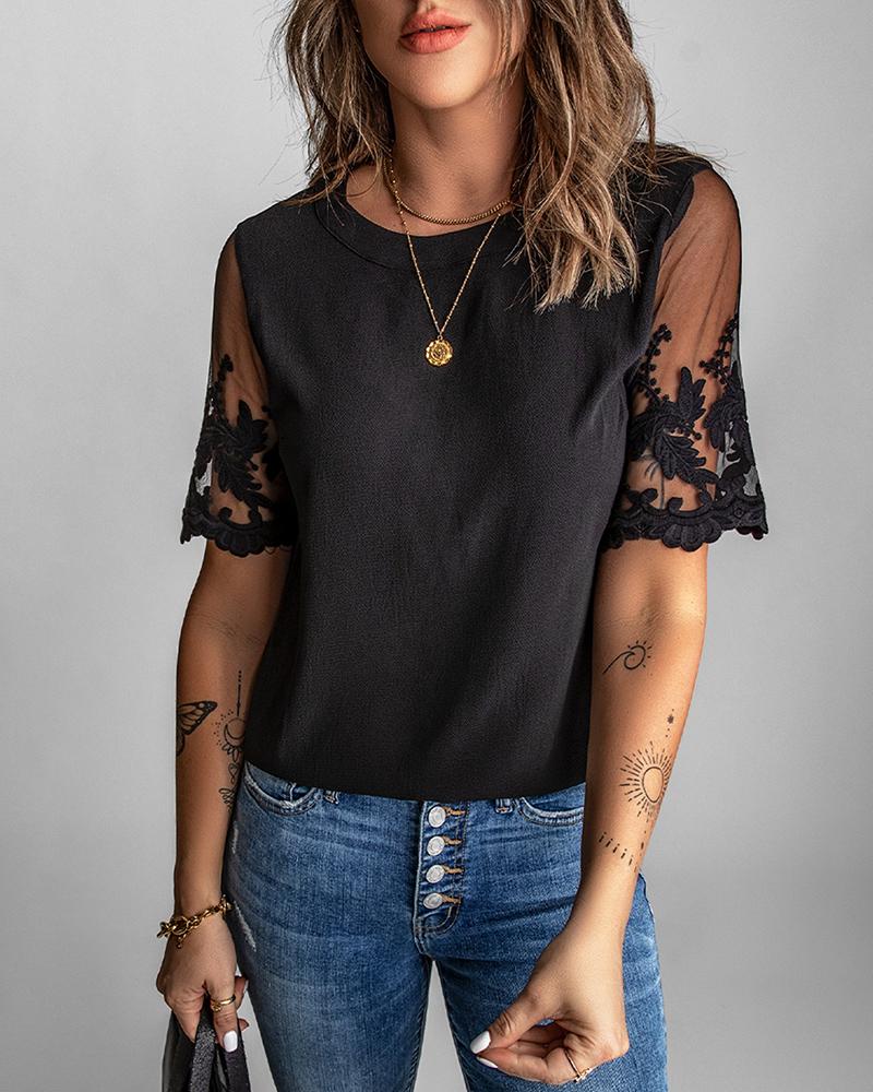 

Sheer Mesh Crochet Lace Patch Top, Black