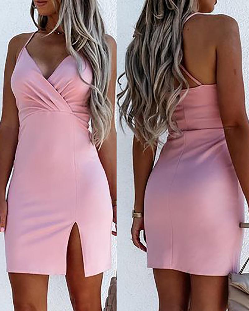 

Spaghetti Strap Ruched Slit Bodycon Dress, Pink