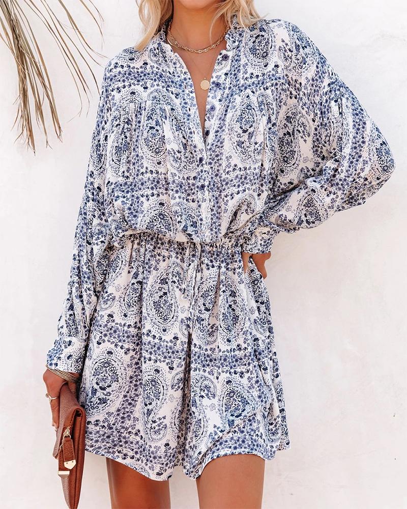 

Paisley Print Button Front Long Sleeve Dress, Blue