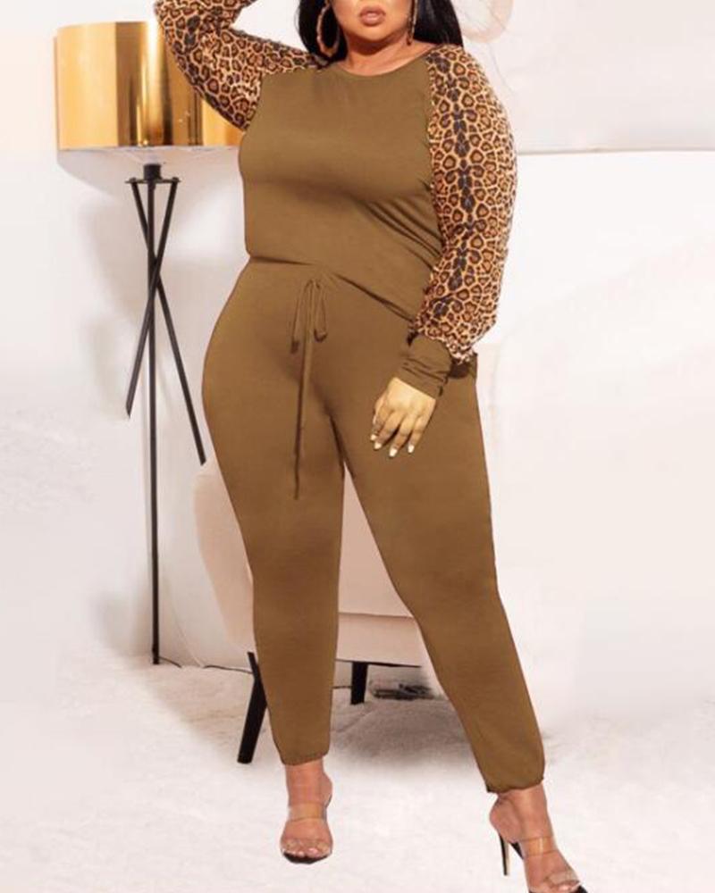 

Plus Size Leopard Print Long Sleeve Top & Pants Set, Yellow