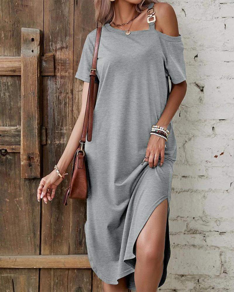 

Chain Strap Slit Casual Dress, Gray