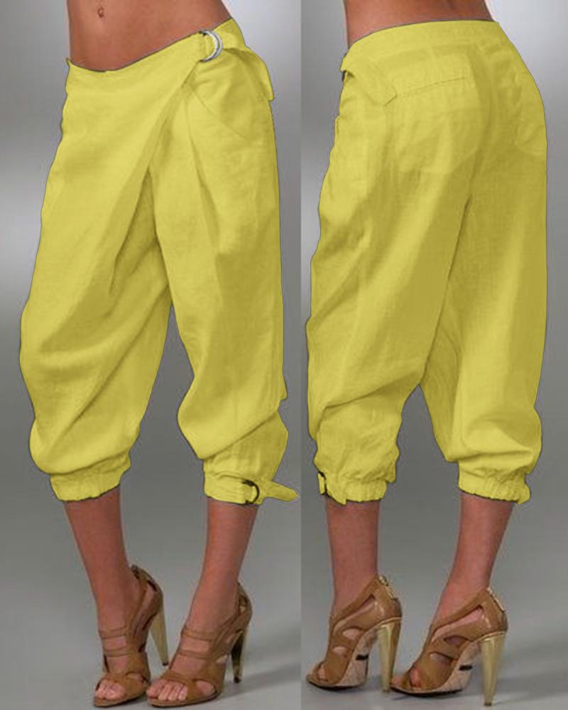 

Buckled Pocket Design Cuffed Pants, Yellow