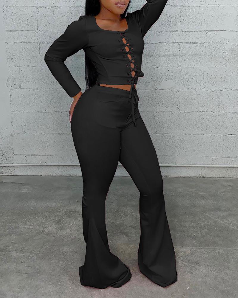 

Plain Eyelet Lace Up Top & Flared Pants Set, Black