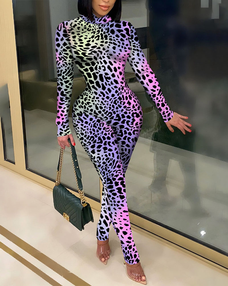 

Leopard Print Long Sleeve Skinny Jumpsuit, Purple