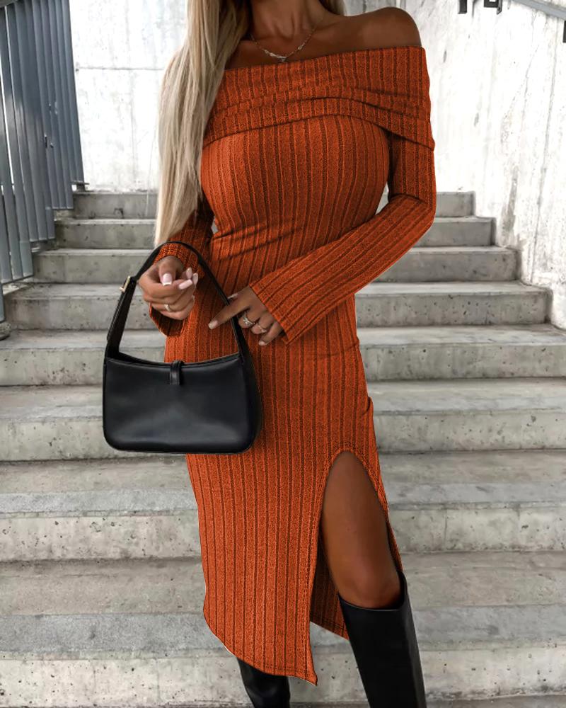 

Off Shoulder Ribbed Slit Midi Dress, Orange