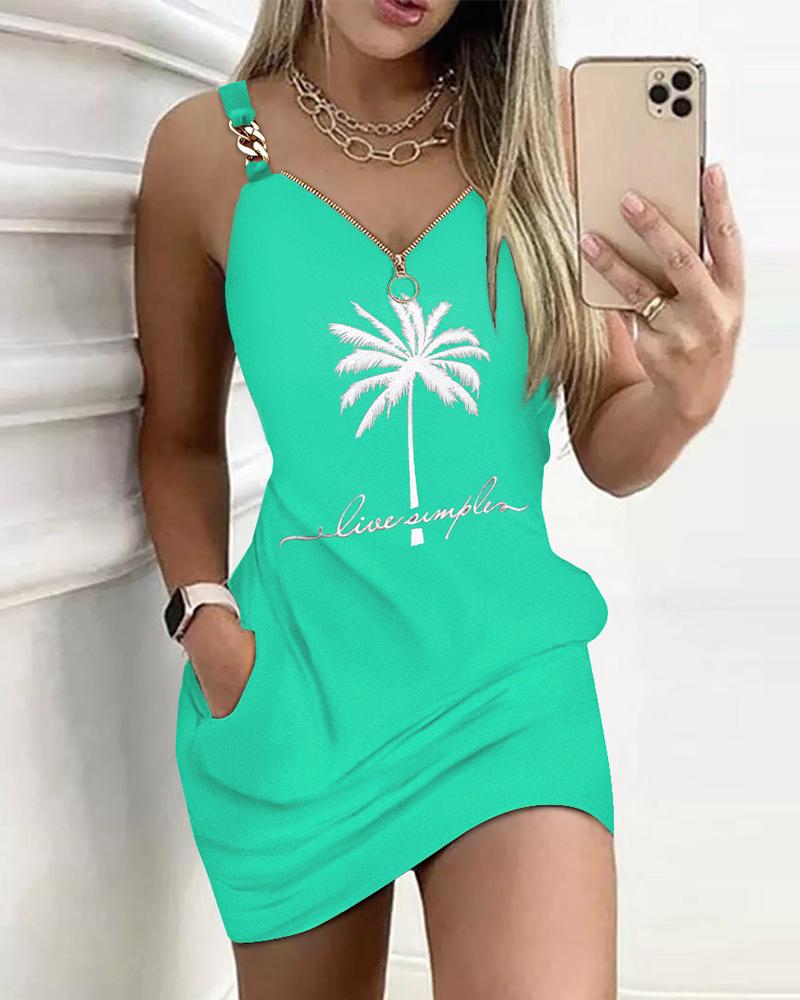 

Coconut Tree Print Chain Decor Casual Dress, Green
