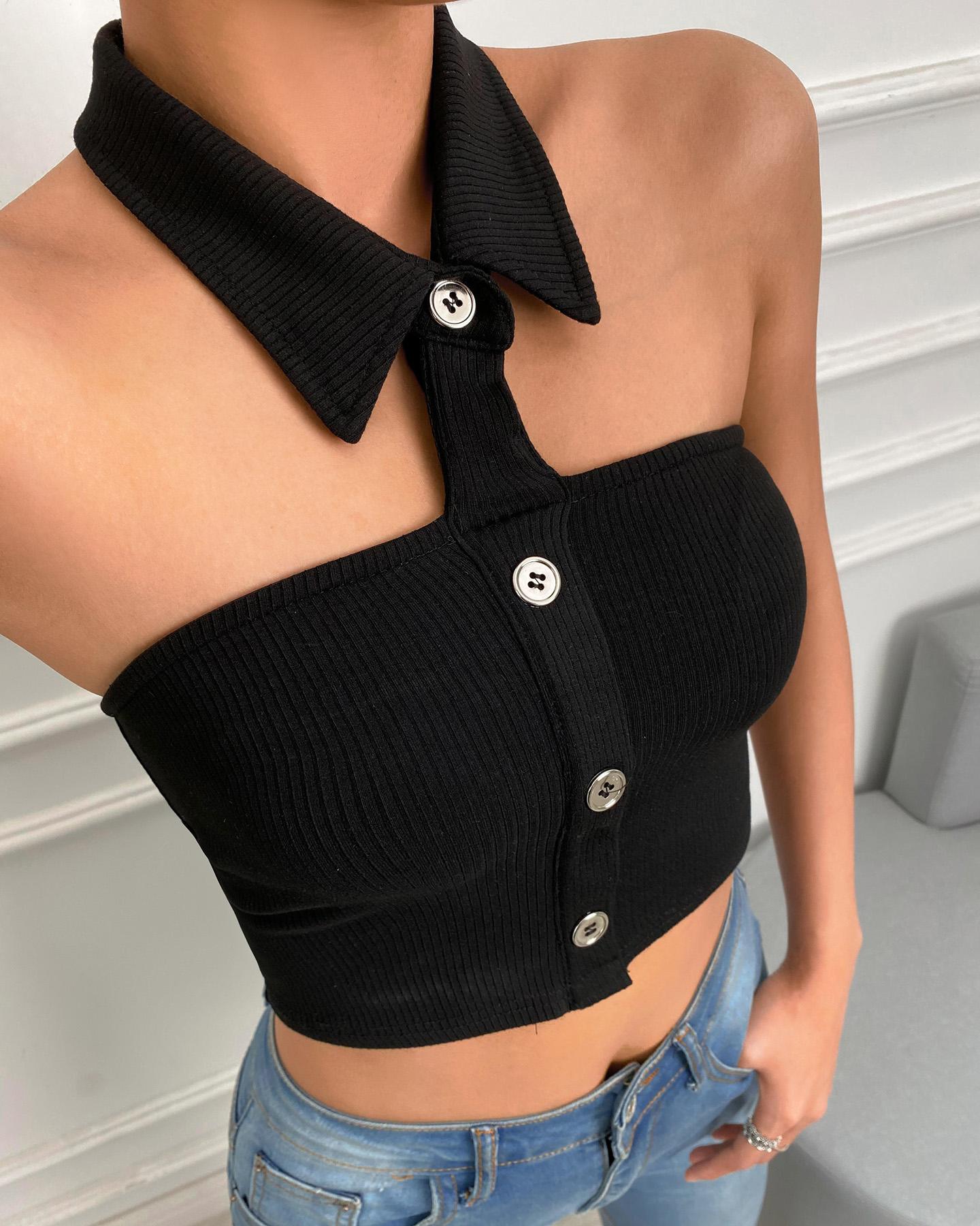 

Plain Halter Button Front Sleeveless Crop Top, Black