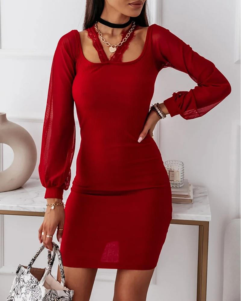 

Eyelash Lace Halter Lantern Sleeve Chiffon Dress, Red