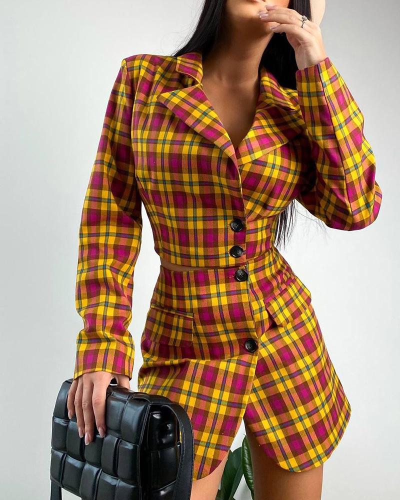

Plaid Print Buttoned Blazer Coat & Skirt Set, Multicolor