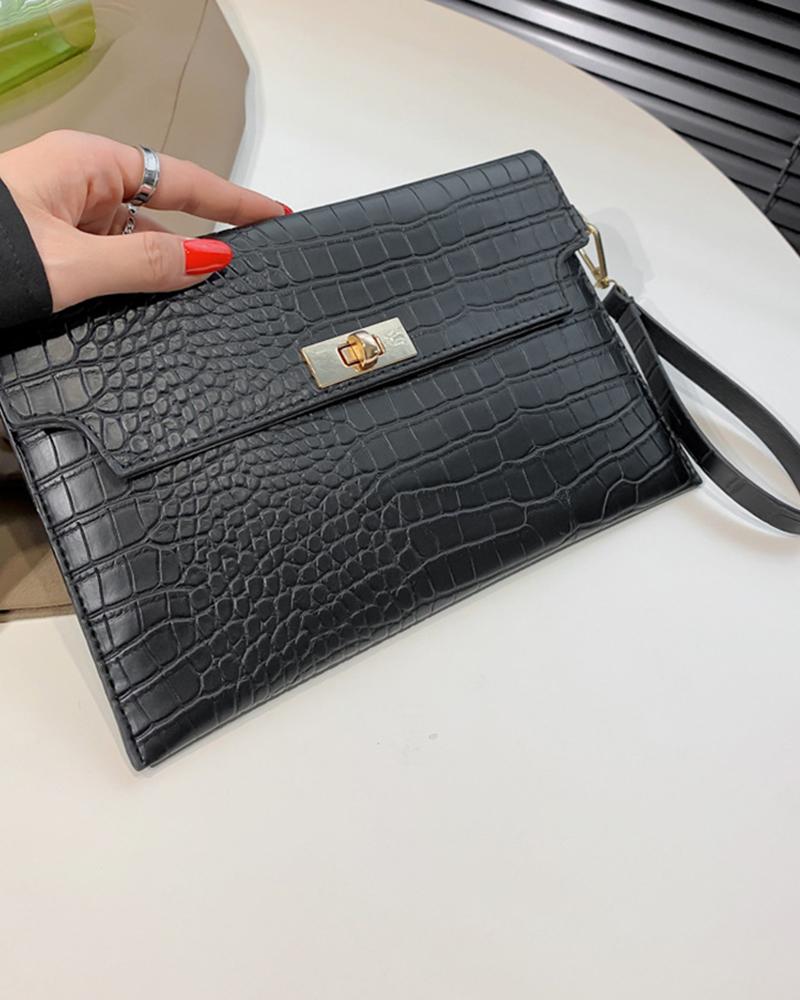 

Crocodile Twist Lock Square Purse Bag, Black
