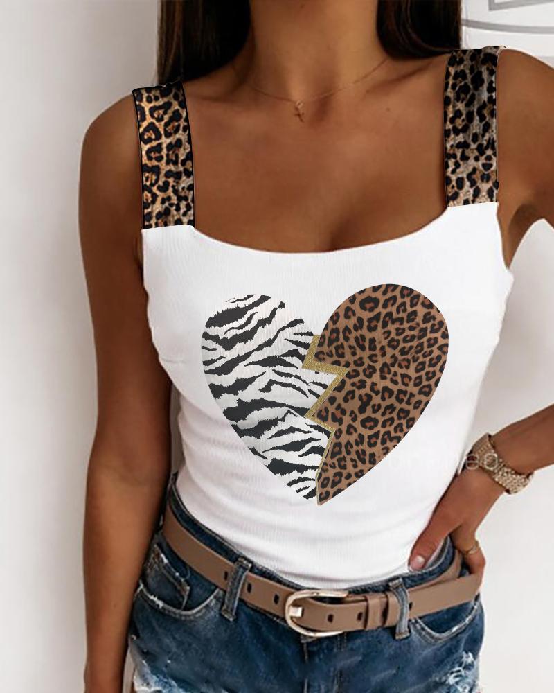 

Heart And Leopard Print Strap Casual Top, White