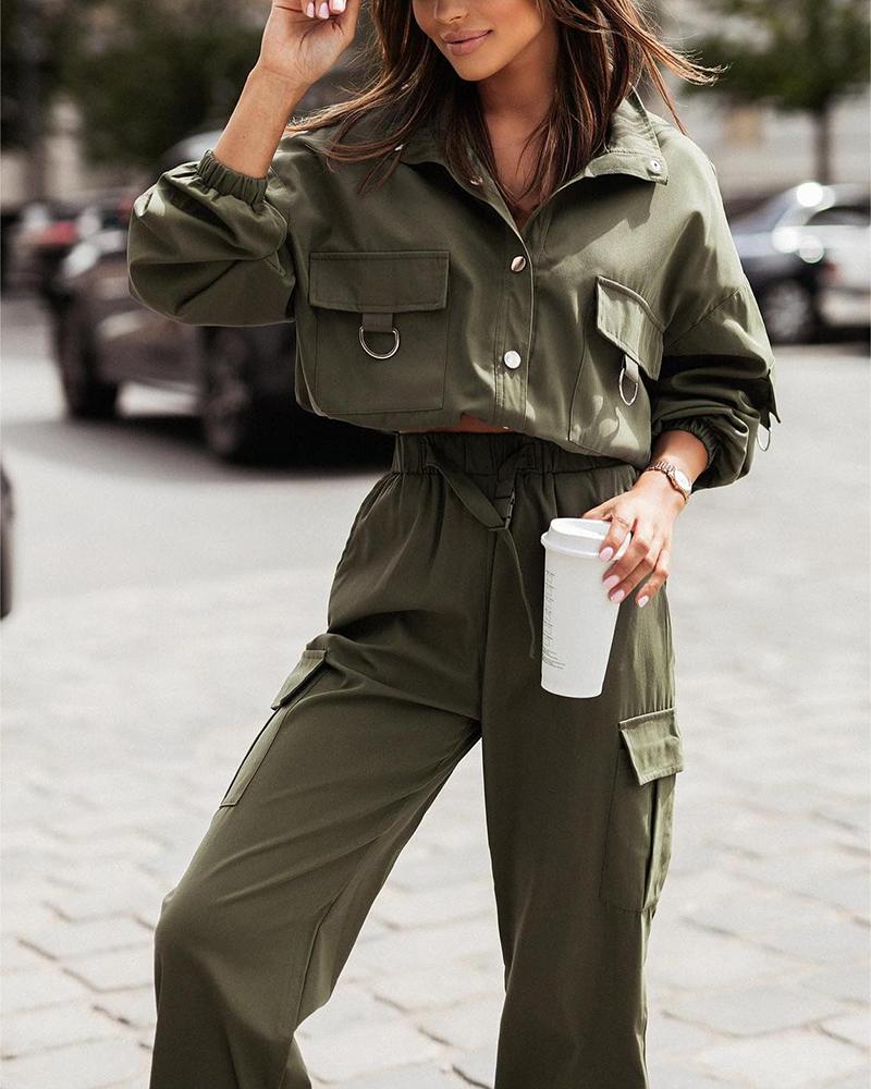 

Pocket Design Cargo Top & Cuffed Pants Set, Green