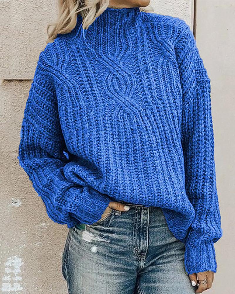 

Lantern Sleeve High Neck Braided Sweater, Blue